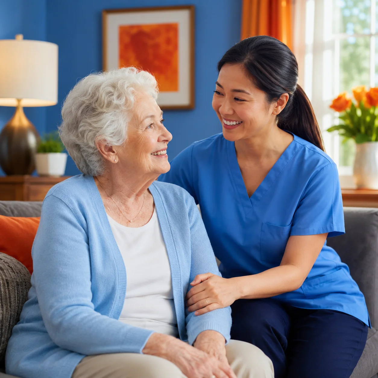 A smiling Hispanic caregiver provides companionship and support to an elderly African American woman in a comfortable home setting.
